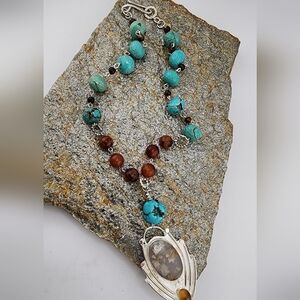 TURQUOISE, CARNELIAN, & DENDRITIC AGATE  NECKLACE  HANDMADE IN STERLING SILVER